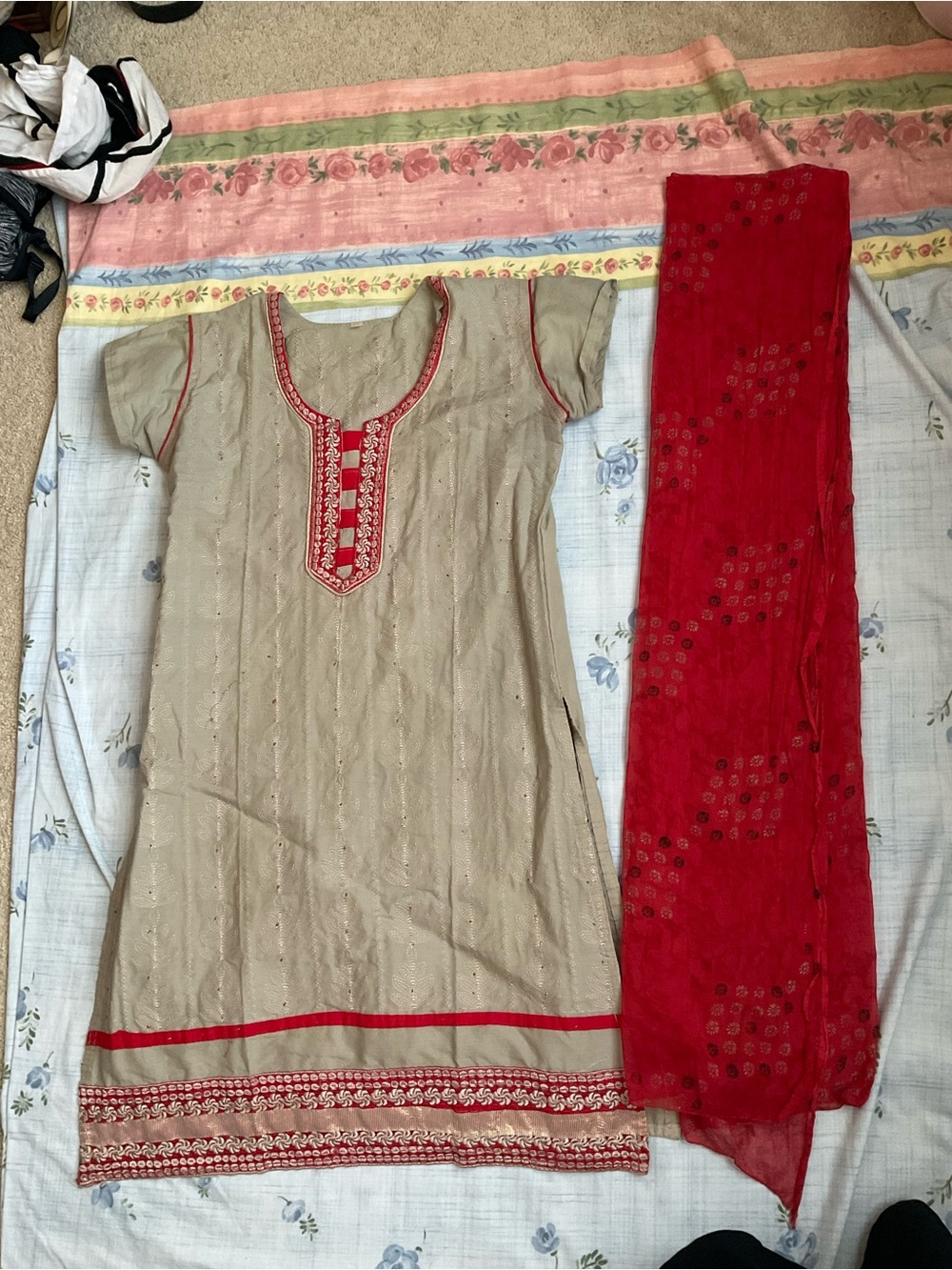 Salwar Beige with Red Embroidered Accents and Red Dupatta